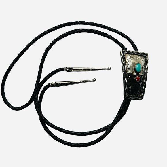 Native American Bolo Sterling Turquoise Coral Black Leather - Picture 1 of 6